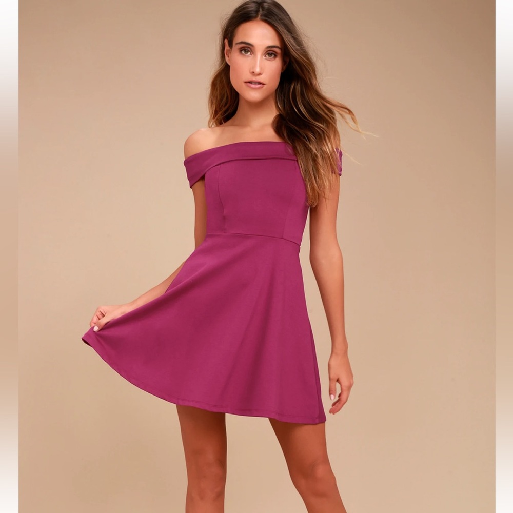Lulu's Season of Fun Magenta Off-the-Shoulder Skater Dress Size S